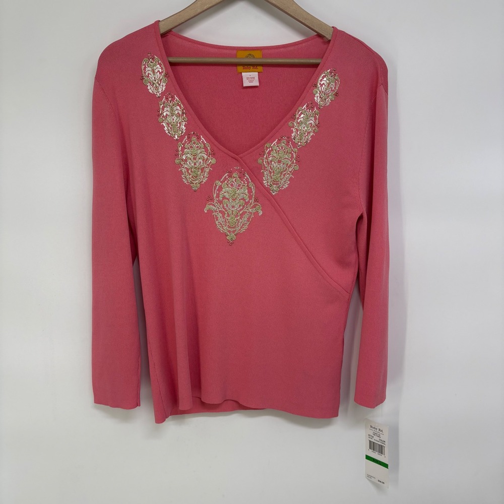 Ruby Rd Toast of the Town Coral Embroidered Wrap Beaded V-Neck Knit Top L